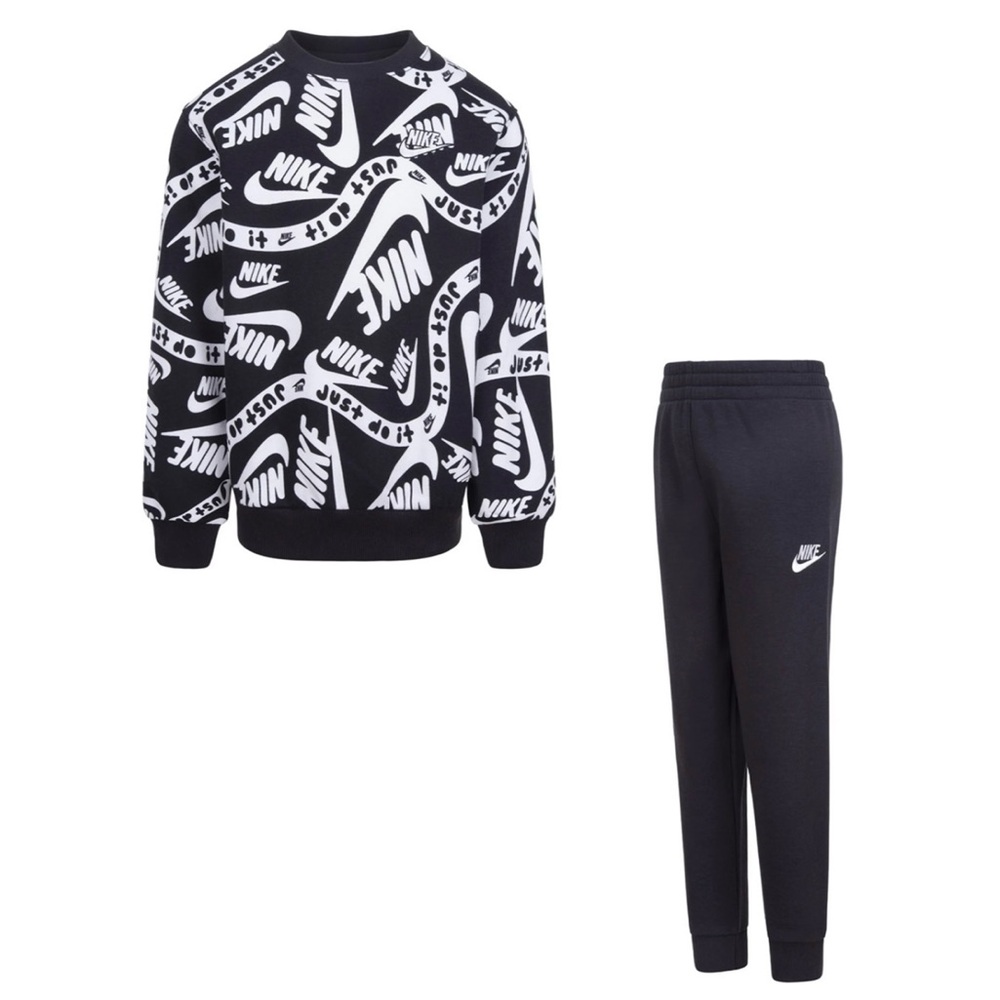 NEW Nike Logo Crewneck Pullover & Joggers‎ Sweatpants Black White, Little Boy 4